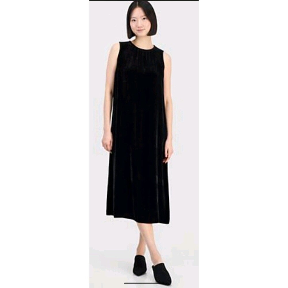 Eileen Fisher Black Velvet Midi Shift Dress Size Large Minimalist Lagenlook Glam